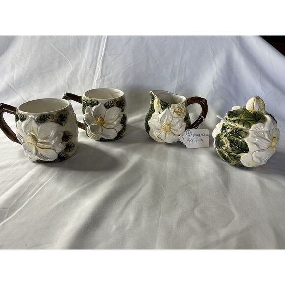 Vintage Magnolia Sugar And Creamer Set W/ 2 Tea Mugs Southern Charm Old Money - Picture 2 of 8